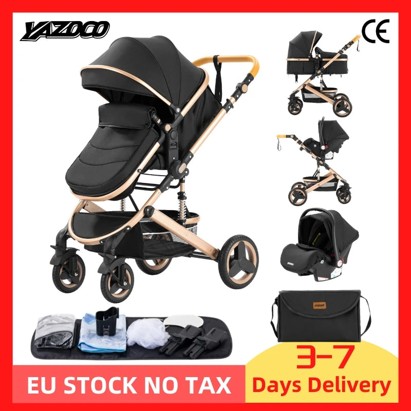 Luxurious 3 in 1 Baby Stroller Portable Travel Baby Carriage Folding Prams Aluminum Frame High Landscape Car for Newborn Baby BLACK