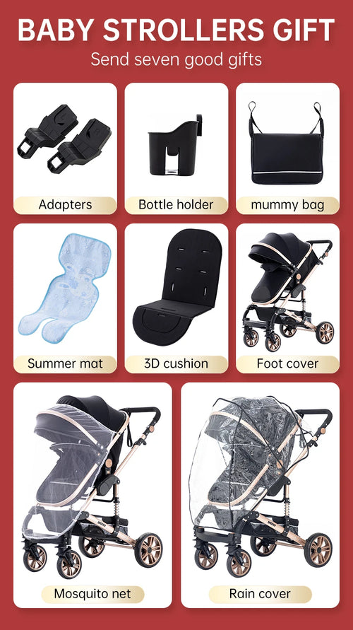 Luxurious 3 in 1 Baby Stroller Portable Travel Baby Carriage Folding Prams Aluminum Frame High Landscape Car for Newborn Baby BLACK