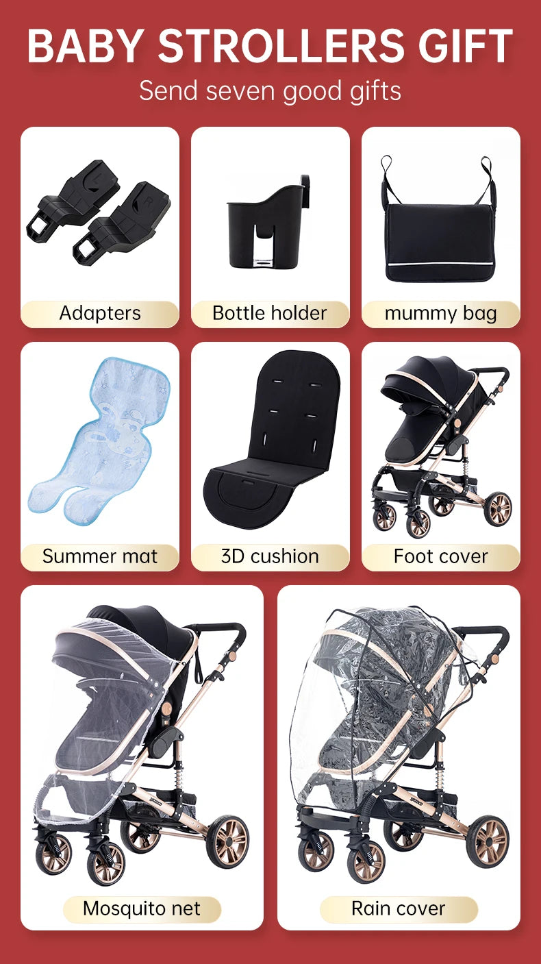 Luxurious 3 in 1 Baby Stroller Portable Travel Baby Carriage Folding Prams Aluminum Frame High Landscape Car for Newborn Baby BLACK