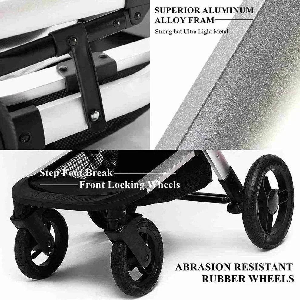 3-in-1 Baby Stroller with Leather Bassinet Car Seat Shock Absorbing Waterproof Windproof Design for All Seasons Travel Infant