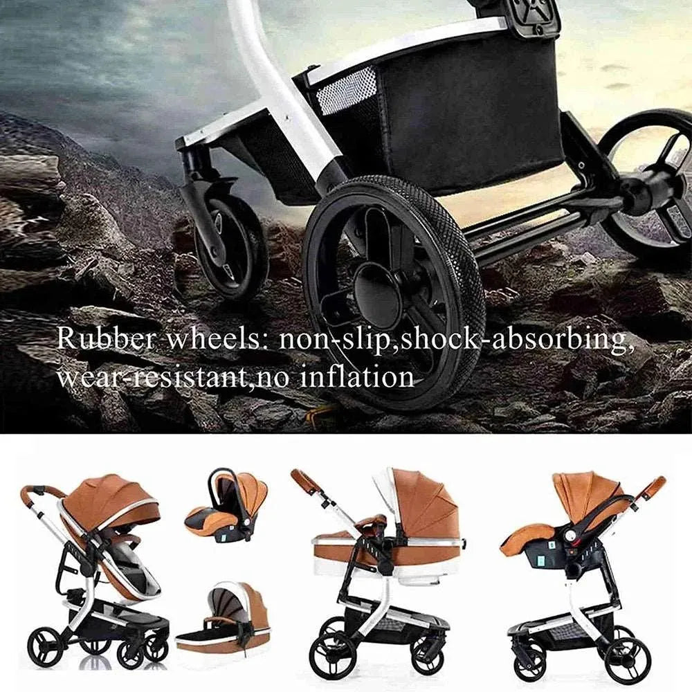 3-in-1 Baby Stroller with Leather Bassinet Car Seat Shock Absorbing Waterproof Windproof Design for All Seasons Travel Infant