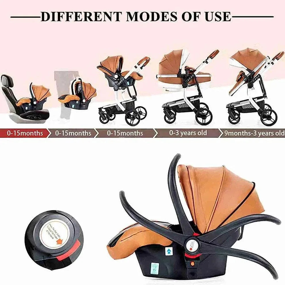 3-in-1 Baby Stroller with Leather Bassinet Car Seat Shock Absorbing Waterproof Windproof Design for All Seasons Travel Infant