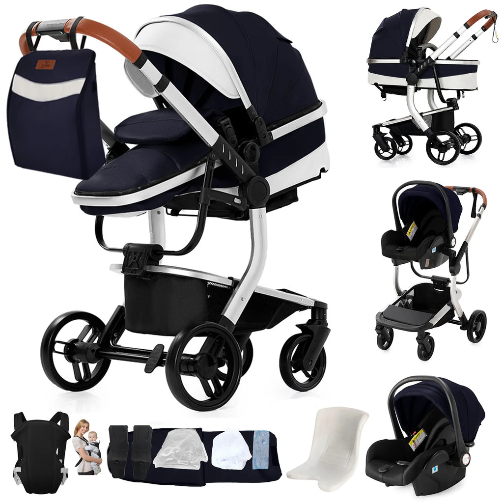 3-in-1 Baby Stroller with Leather Bassinet Car Seat Shock Absorbing Waterproof Windproof Design for All Seasons Travel Infant