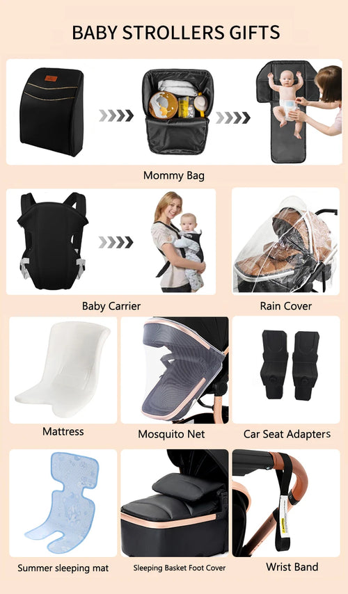 3-in-1 Baby Stroller with Leather Bassinet Car Seat Shock Absorbing Waterproof Windproof Design for All Seasons Travel Infant