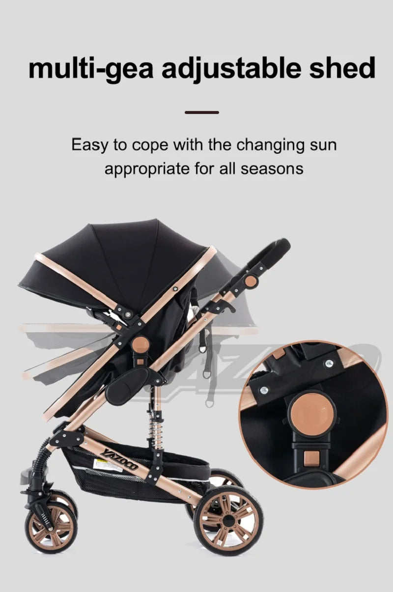 Luxurious 3 in 1 Baby Stroller Portable Travel Baby Carriage Folding Prams Aluminum Frame High Landscape Car for Newborn Baby BLACK
